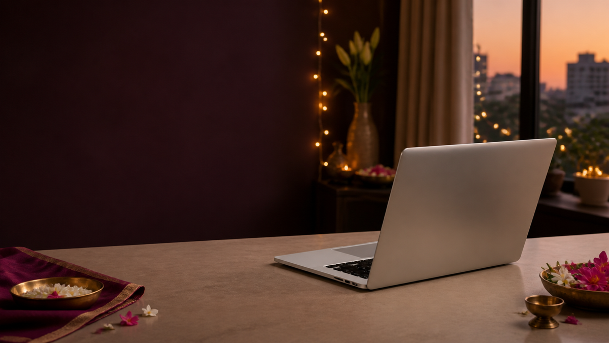 Festive desk scene with a silver laptop and flowers